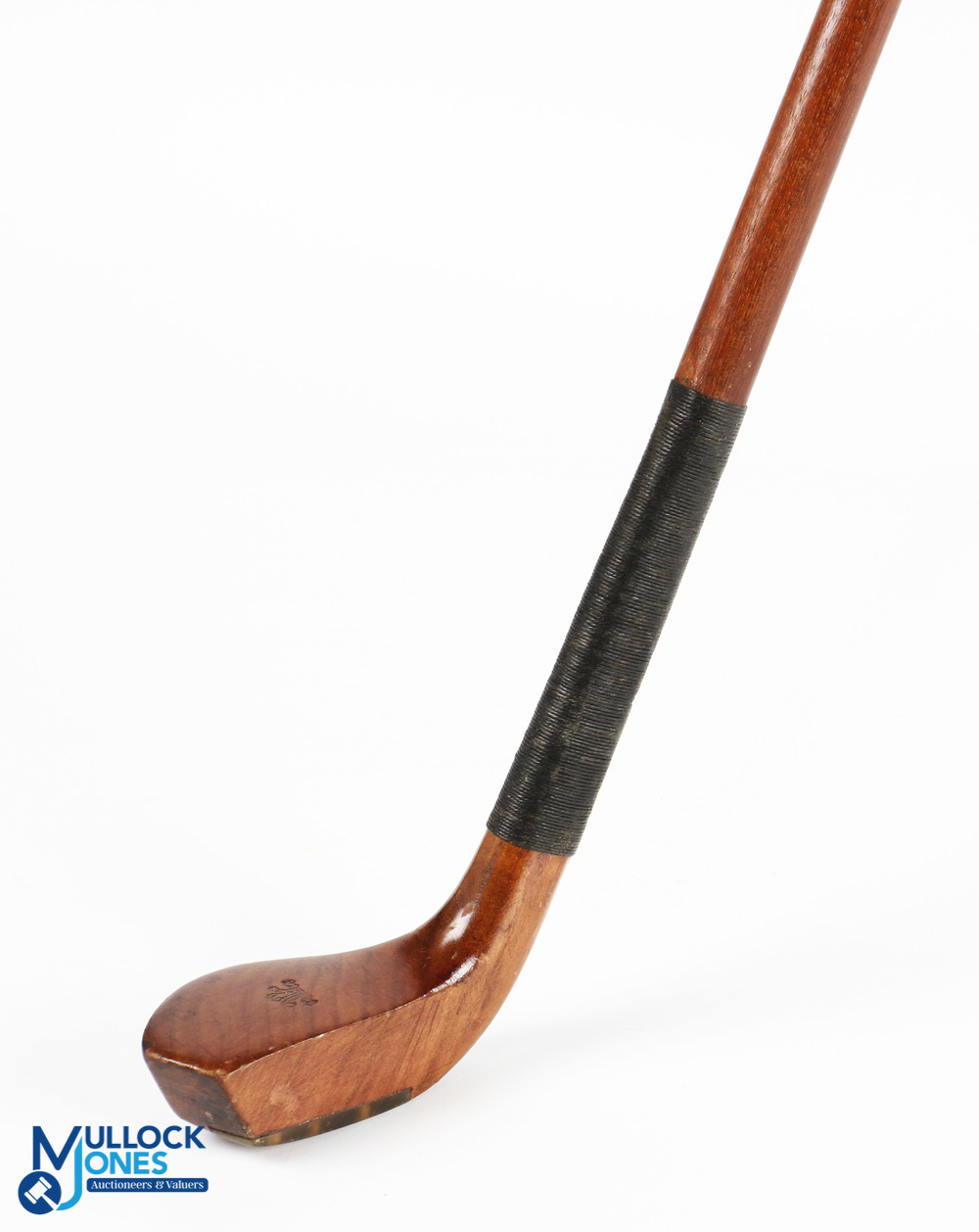 Small brown stained scare necked fitted head Sunday Golf Walking Stick with clear sole insert and