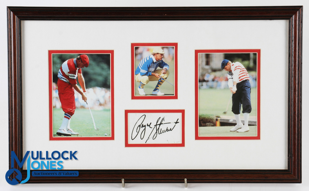 Payne Stewart 2x US Open Golf Champion signed display - comprising 3x colour images wearing his