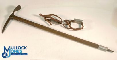 Vintage Climbers Ice Axe with hickory handle, strapped head, aluminium spike fitting, plus a pair of