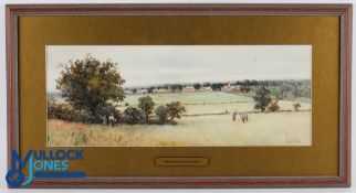 Fred W Fitch - original golfing watercolour signed - with golfers in the foreground and club house