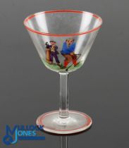 1920/30s Hand Painted Golfing Scene Cocktail Glass - with amusing golfing scene - overall 4.5"h x 3"