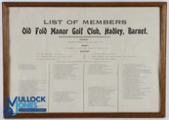 Official List of Members The Old Manor Golf Club Hadley Barnet - single folded sheet - to incl