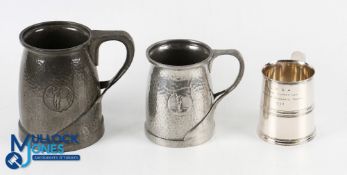3 Golf Club Presentation Tankards, 2 Archibald Knox style hammered pewter with glass bases, engraved