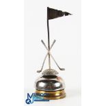Golf Club Shop Desk Bell, with chromed flag and crossed clubs, on a brass weighted base, #19cm tall
