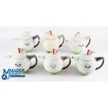 6 Tony Wood 18th Hole Golf Ball Style Teapots, a collection of 6 teapots, all in good condition,