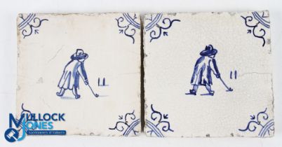 Pair of Dutch Delft Kolfing Scene Tiles in blue and white with decorative floral design to the