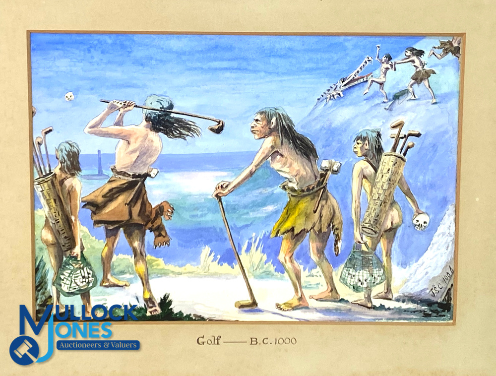 c1906 Three Cartoon Humours Golf Past and future Watercolours, Golf BC 1000-playing gold with skulls - Image 4 of 4