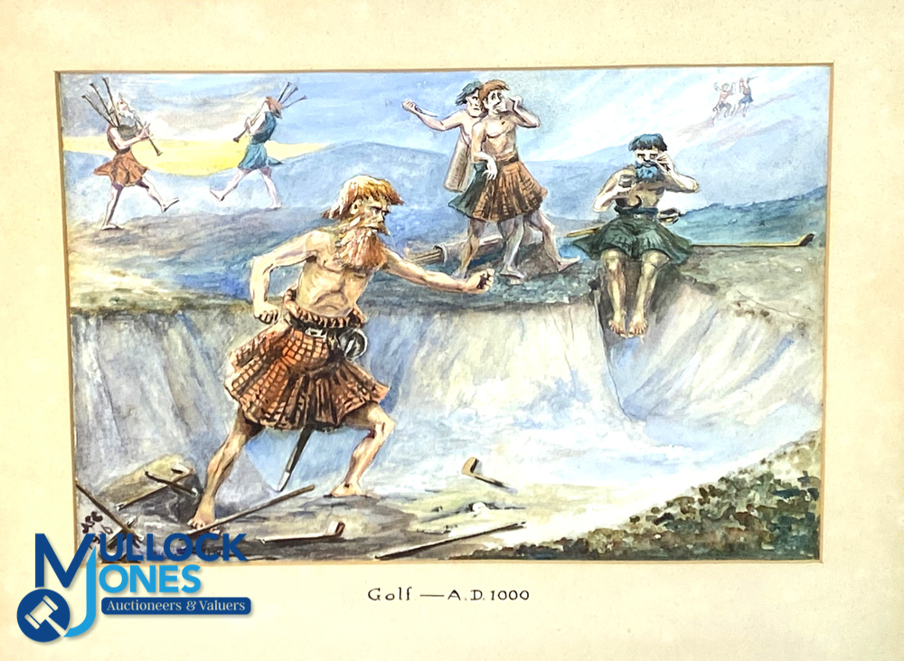 c1906 Three Cartoon Humours Golf Past and future Watercolours, Golf BC 1000-playing gold with skulls - Image 3 of 4