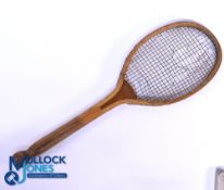 Tennis - A W Gamage London 'Fish Tail" wooden tennis racket c/w convex wedge, original heavy gut