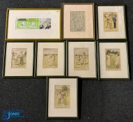 6x Hand Coloured 'Punch' Cricket Prints with How Fast Bowlers are Made, and other comedy prints, all