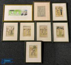 6x Hand Coloured 'Punch' Cricket Prints with How Fast Bowlers are Made, and other comedy prints, all