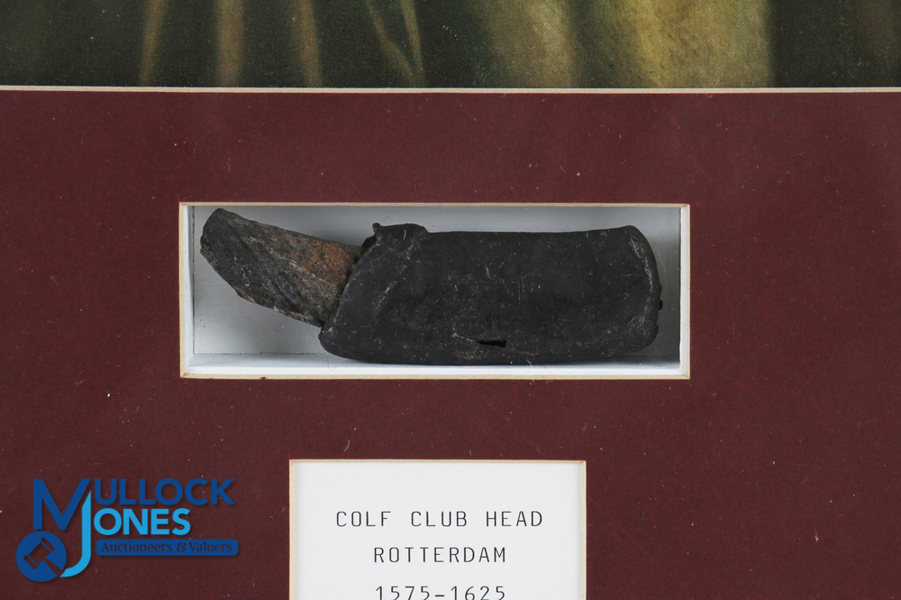 Early Dutch Colf Club Head Rotterdam 1575-1625 Display - mounted below colour print of period - Image 2 of 2