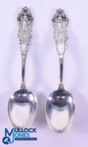 Interesting Pair of 1918 Silver Golfing Teaspoons - with fine detailed embossed golfing finials