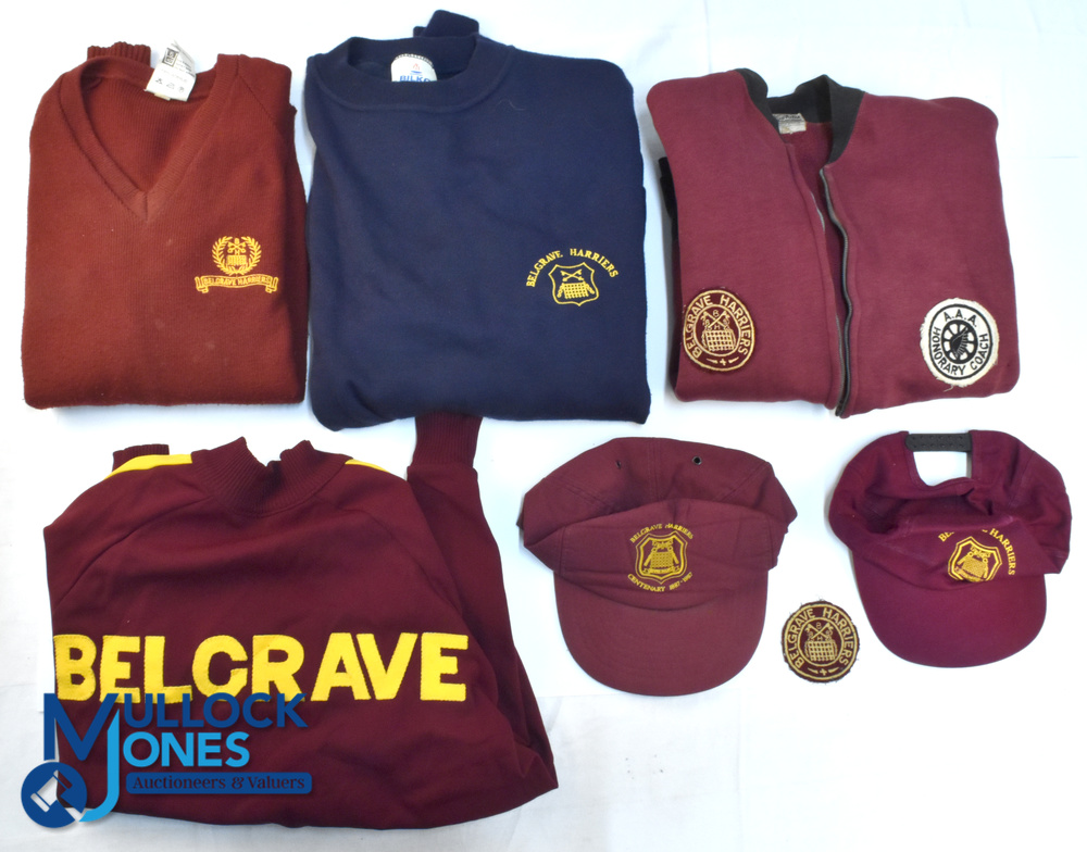 Belgrave Harriers Athletics Club Clothing - Jumper Maroon Size 40, Jumper Blue Size XL, Track Suit