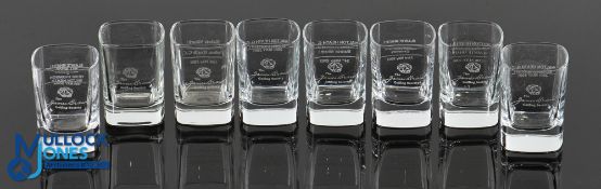 Collection of James Braid Golfing Society Glass Noggins (8) each engraved with Gaelic saying Slainte