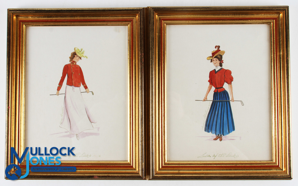 Pair of Early Original Hand Coloured Ladies Golf Prints titled "Ladies of The Links" signed and