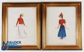 Pair of Early Original Hand Coloured Ladies Golf Prints titled "Ladies of The Links" signed and