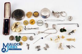Assorted Golfing Buttons and Jewellery - including hallmarked cast silver golf bag key chain, 925