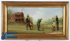 Ceri Marco Edwardian Golf at the 3rd Hole c1990, oil on copper in golf leaf frames with crackle