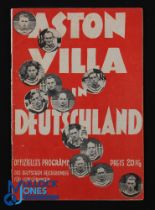 1938 Germany v Aston Villa football programme date 15 May, Berlin, in German language, minor