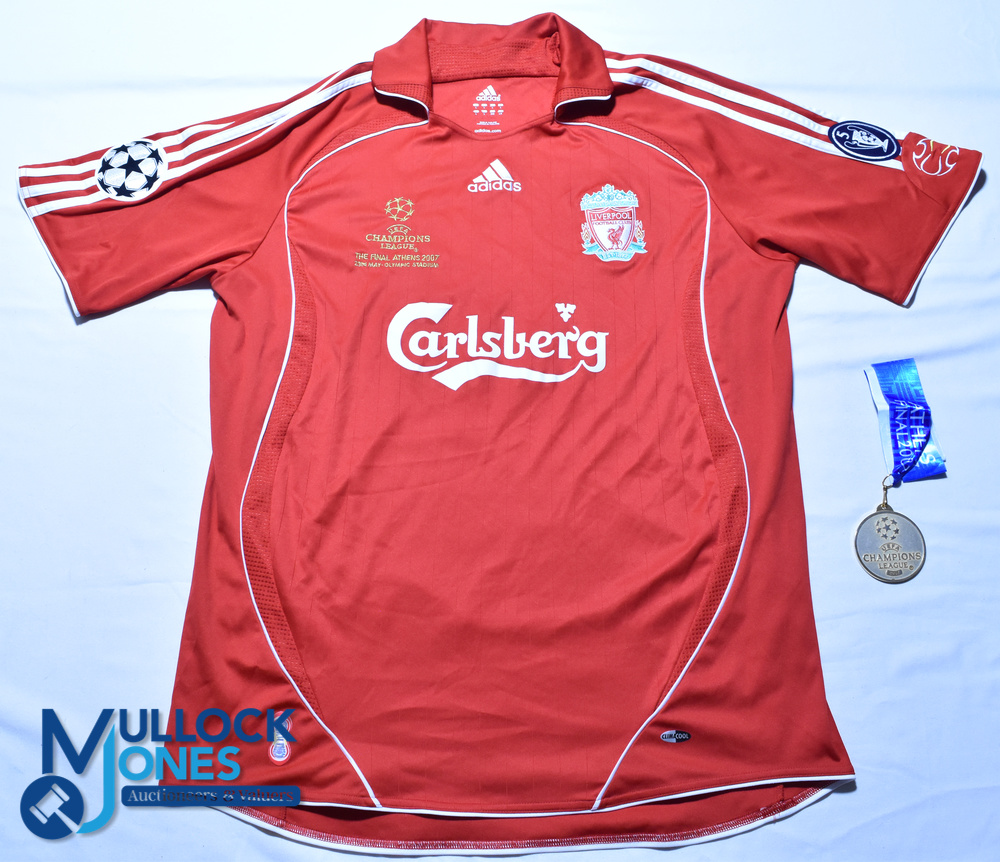 2007 Liverpool FC Champions League Cup Final Shirt & Medal. Adidas / Carlsberg, Size L, red, short