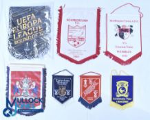 Seven assorted football pennants: UEFA Europa League Leicester Slavia Praha, Scarborough FC 1987,