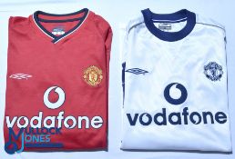Two Manchester United FC football shirts - 2000-2002 Home and Away, Umbro / Vodafone, Size XL / XXL,