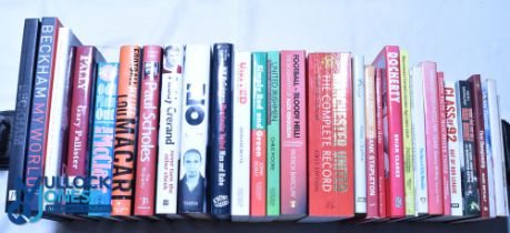 Thirty Manchester United Football Club related books including books signed by Tommy Docherty and