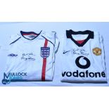 Two Bryan Robson autographed shirts. England 2001-2003 Size L and Manchester United 2002-2003 Size