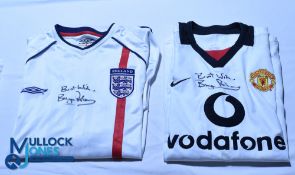 Two Bryan Robson autographed shirts. England 2001-2003 Size L and Manchester United 2002-2003 Size