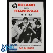 1982 Boland v Transvaal Rugby programme: Issue from this June clash in S Africa. VG