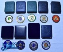 Nine commemorative limited-edition medals in boxes - Norwich City, Shrewsbury Town, Yeovil Town,