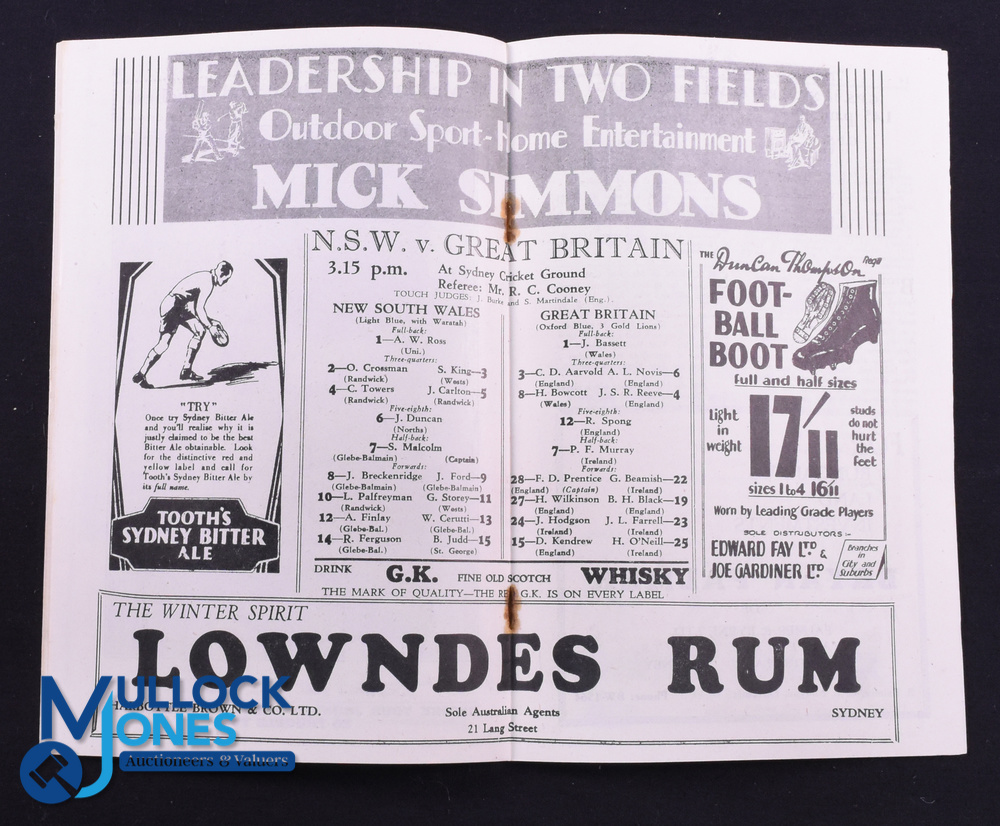 Rare 1930 Rugby Programme, British & I Lions v NSW August: Official Programme from the game won 29- - Image 2 of 2