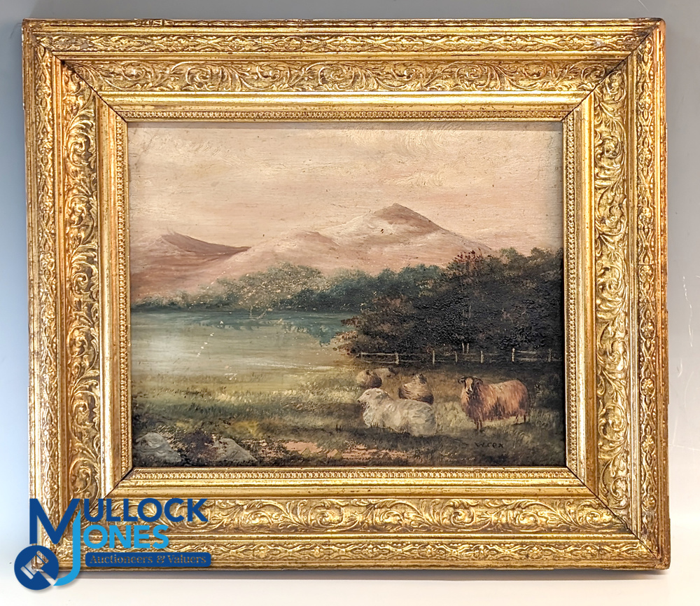 3 Period Paintings - oil and watercolour - a Highland view with sheep signed A Cox on canvas - Image 3 of 4