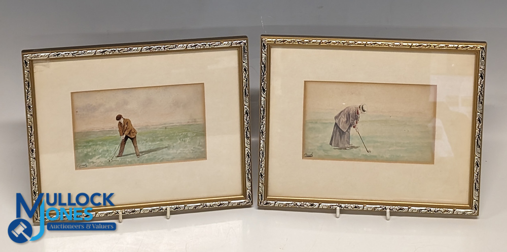 Pair Period Small Golf Watercolours Golfers, with a indistinct signature Brush Buish ? size #21cm