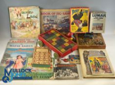 Period Children Toys, Books Jigsaws, to include wooden bricks, pull along duck, spinning top