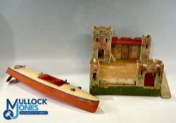 Hornby Tinplate Speedboat Clockwork Venture, plus a small wooden fort, both in used condition, the
