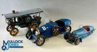 Tinplate Scratch Built Models, 3 decorative models of a traction engine, Bugatti type 55, Morgan 3-