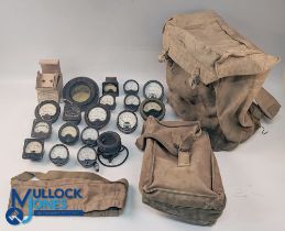 WWII Military Air Ministry Electrical Equipment Gauges and Webbing bags, with noted gauges of AM