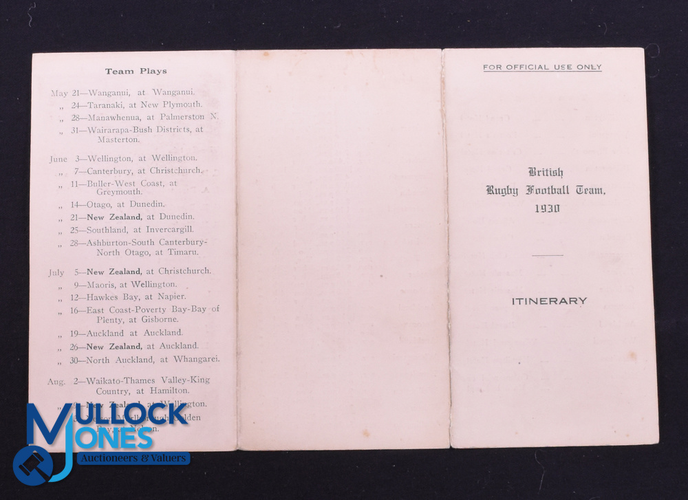 Rare 1930 British & I Lions Itinerary: 5.5" x 3" buff trifold itinerary card with details of team,