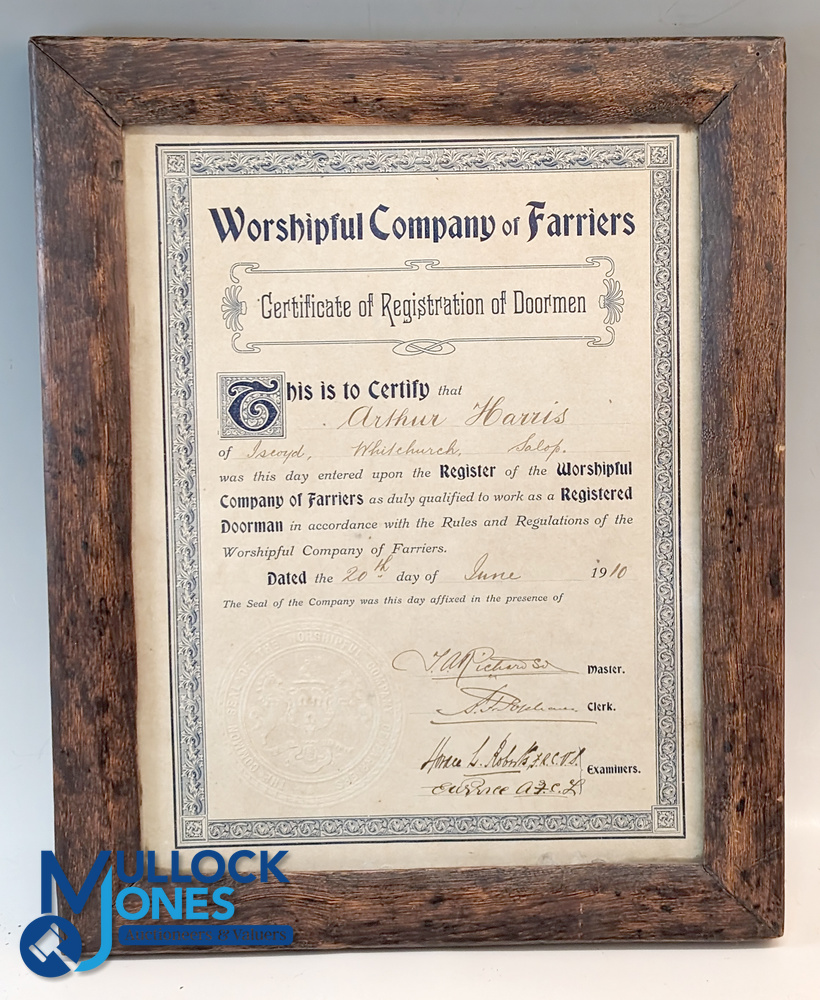 1910-1911 Worshipful Company of Farriers, 2 good looking framed certificates for Arthur Harris - Image 2 of 2