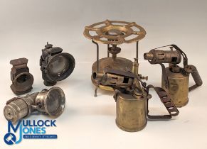 Vintage Carbide Bike Lamps, Brass Paraffin lamps, 3 carbide lamps 2 made by Miller, 2 brass paraffin