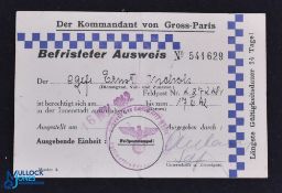 WWII - Third Reich - special permission pass issued to Ernst Nichols to visit Paris from November