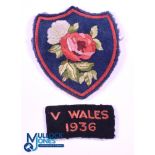 1920s Rugby Blazer Badge & Flash (2): Unknown shield-shaped blazer badge, red and white roses on
