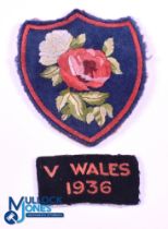 1920s Rugby Blazer Badge & Flash (2): Unknown shield-shaped blazer badge, red and white roses on