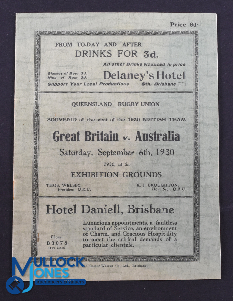 Very Rare 1930 Rugby Programme, British & I Lions v Australian XV: Official Programme from the
