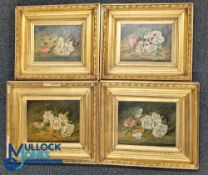 4 Period Paintings by F Vallianuva, Oil on Canvas and Board Floral Painting, all still life studies,
