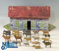 Antique 19th c painted wooden German Noah's Ark - with 19 carved / painted Animals, 2 stick leg