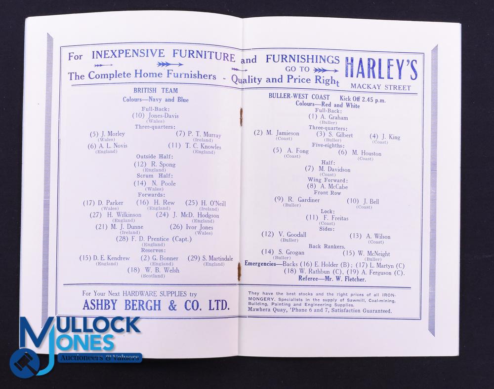 Rare 1930 Rugby Programme, British & I Lions v West Coast-Buller: Official Programme from the game - Image 2 of 2