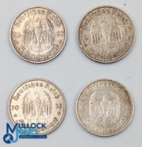 4x 1935 German Nazi 5 Marks, Paul von Hindenburg, silver 900 coins